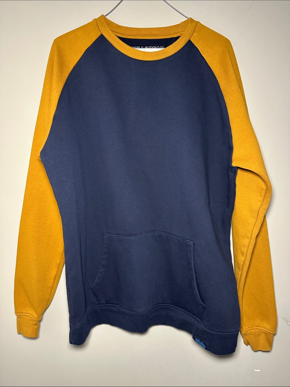 Pull&Bear Navy and Mustard Raglan Crewneck Sweater with hoodie pocket